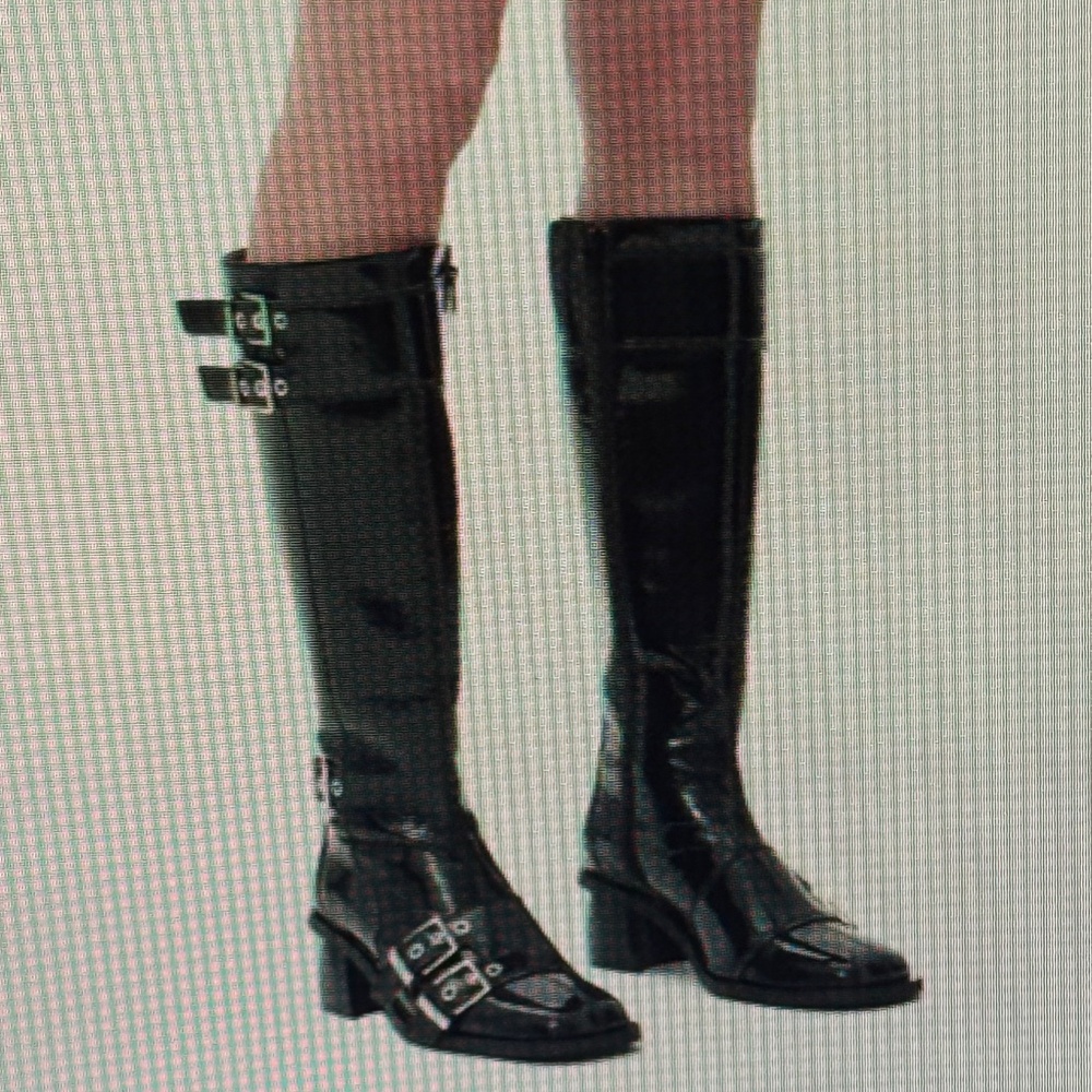 Ganni Black Patent Leather Knee-High Buckle Boots - Picture 2 of 15